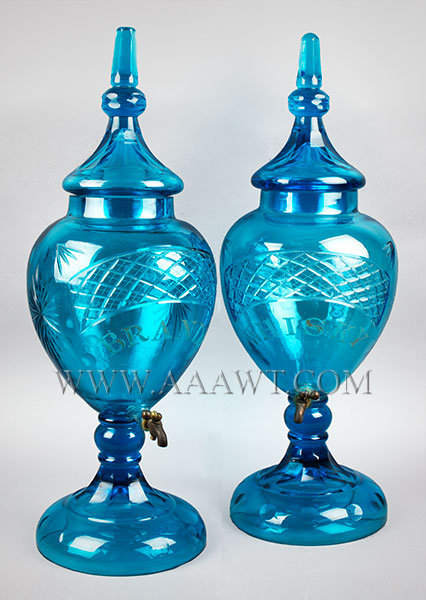 Pair of Liquor Dispensers, Sapphire Blue Glass, Engraved Whisky, Brandy, entire view